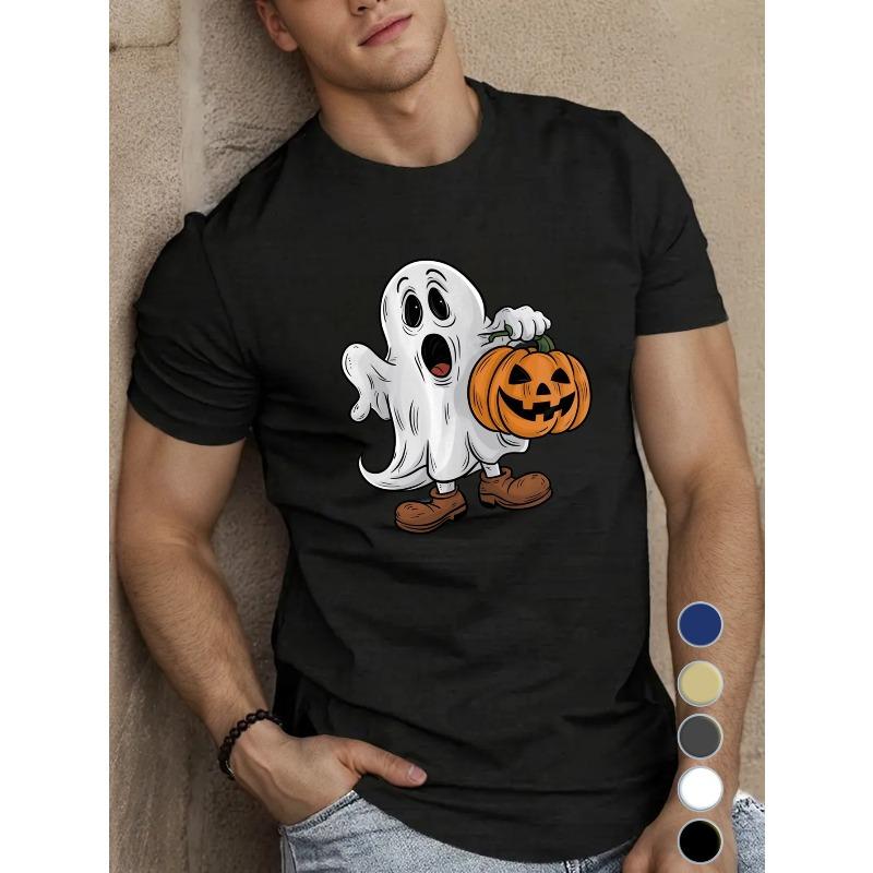 

European Size Men S Halloween Pumpkin Ghost T-Shirt, Casual Crew Neck Short Sleeve Top,Knit Fabric, Slight Stretch, Regular Fit,Summer Season - 150gsm 4XL чорний