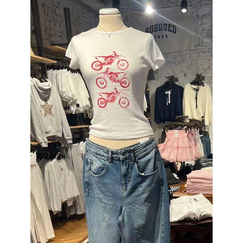 Summer 2025 American Motorcycle Young Adult Motorcycle Print Short-Sleeved T-shirt Female Cotton Round Neck Half Sleeve Tops Tide