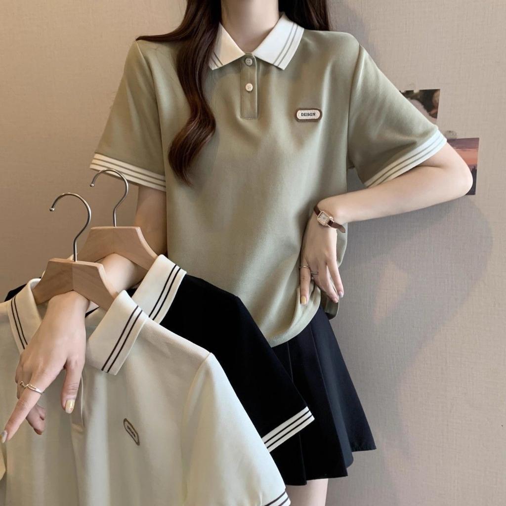 Women's Striped Collar Short Sleeve Polo Shirt, Casual Loose Fit Embroidered Patch Summer Top