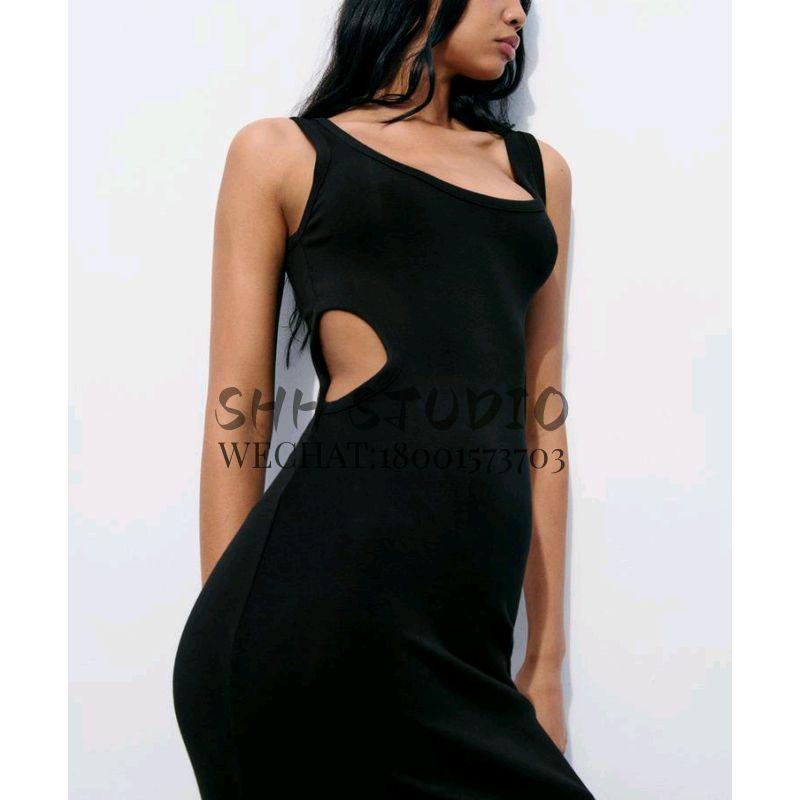 Spring New Elegant Sexy round Neck Wide Shoulder Strap Silm Hip Knitwear Hollow Dress 4174344