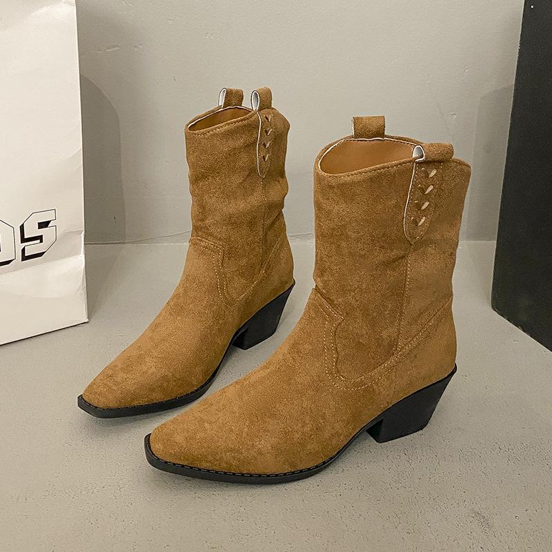 

Ретро остроносые ботинки на толстом каблуке, два способа носки, женские ботинки 2025, новые осенние, с юбкой, тонкие ковбойские ботинки в западном стиле 42 светло-желтого