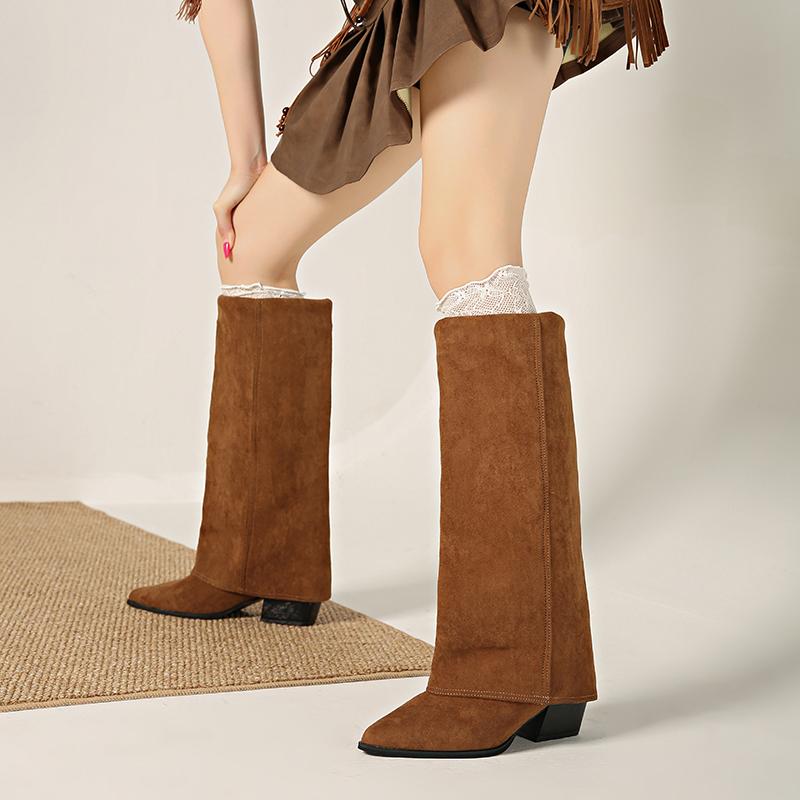 New Women's Leather High Boots Women Knee High Pointer Toe Heels Shoes Woman Trend Boots Pumps Snow Gladiator Boots