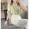 Spring and Summer Classic French Romantic Fresh Country Style Design Women's Plus Size Green Striped Long Sleeve Chiffon Shirt