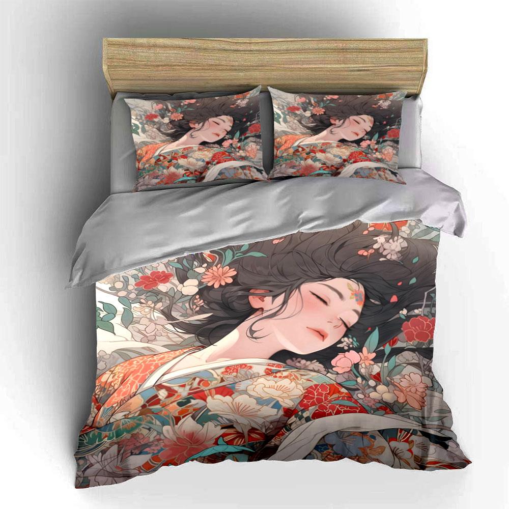 Japanese Floral Kimono Girl Bedding Set 3pcsVintage Cherry Peony Flower Sleeping Lady Print Duvet CoverBeautiful Bedroom Decor