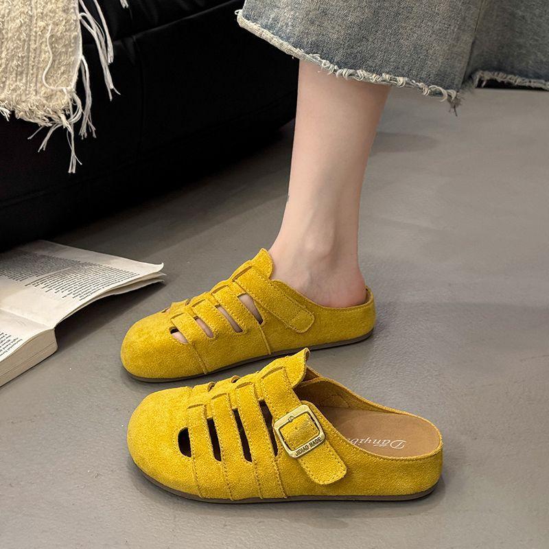 Woven bag head half slippers women's summer wear new one-pedal soft-soled yellow fish bone shoes sandals