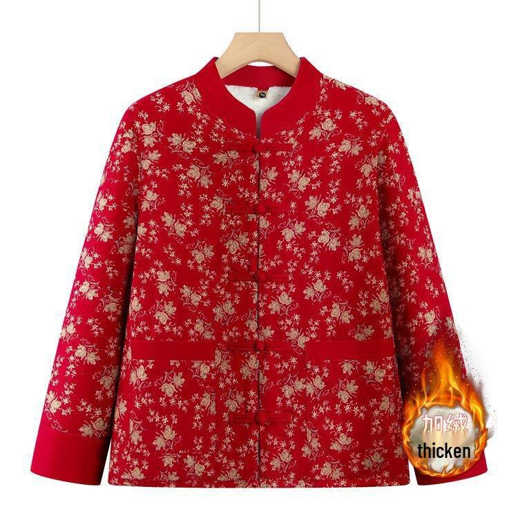 Chinese Style Velvet Cotton Jacket for Middle-Aged and Elderly Women - Retro Autumn/Winter Warm Outerwear