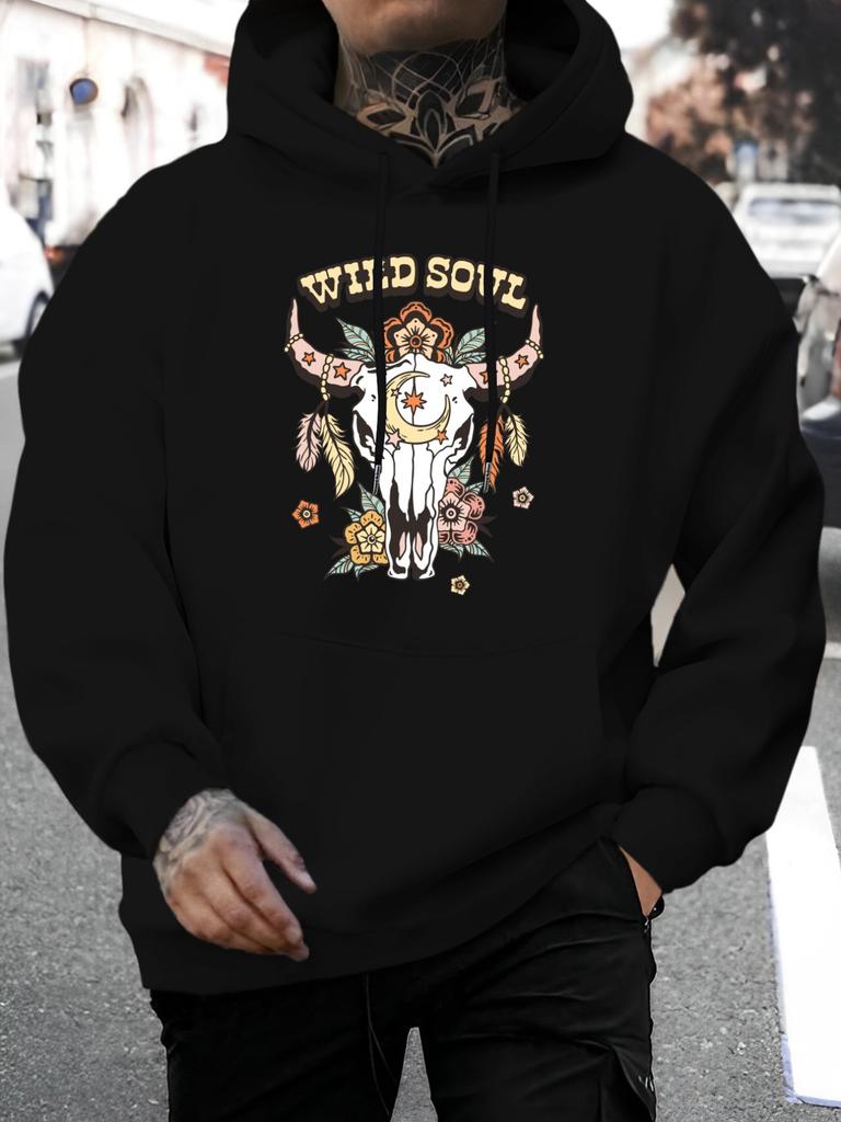 2026 Music Festival Summer New Arrival Unisex Casual All-Match Style Fashion Hoodie with Individual Wild Soul Bull Skull Print Blending Moon And Flora