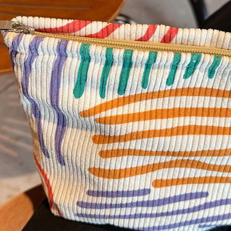 Colorful Stripes Corduroy Cosmetic Bag Portable Travel Toiletry Bag Skincare Sundries Aesthetic Makeup Storage Bag