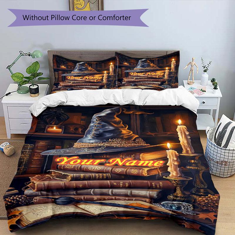 3pcs Custom Name Hat Magic Spells" Bedding Set Printed Bedding Set Duvet Cover Closure Includes 1 Duvet Cover & 2 Pillowcases Bedroom Decor