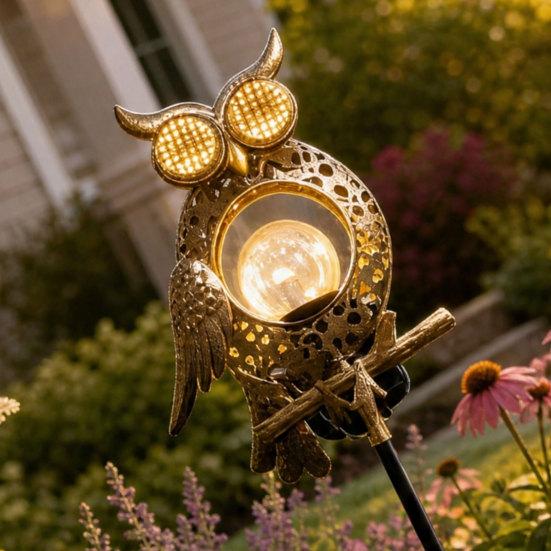 Solar Owl Garden Light, Outdoor Metal Owl Solar Light with Stake, LED Warm Glow Pathway Light for Backyard Patio Lawn Flower Bed