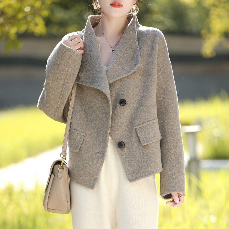Women's Petite Double-Faced Cashmere Coat - Short Stand Collar, Pure Wool, Loose Slimming Fit for Autumn/Winter