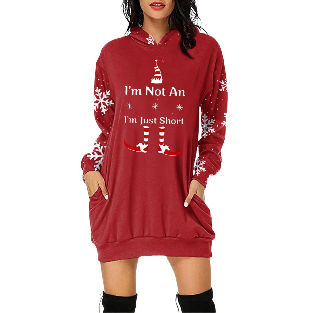 Women's Christmas Print Long-Sleeved Hooded Pocket Pullover Dress
