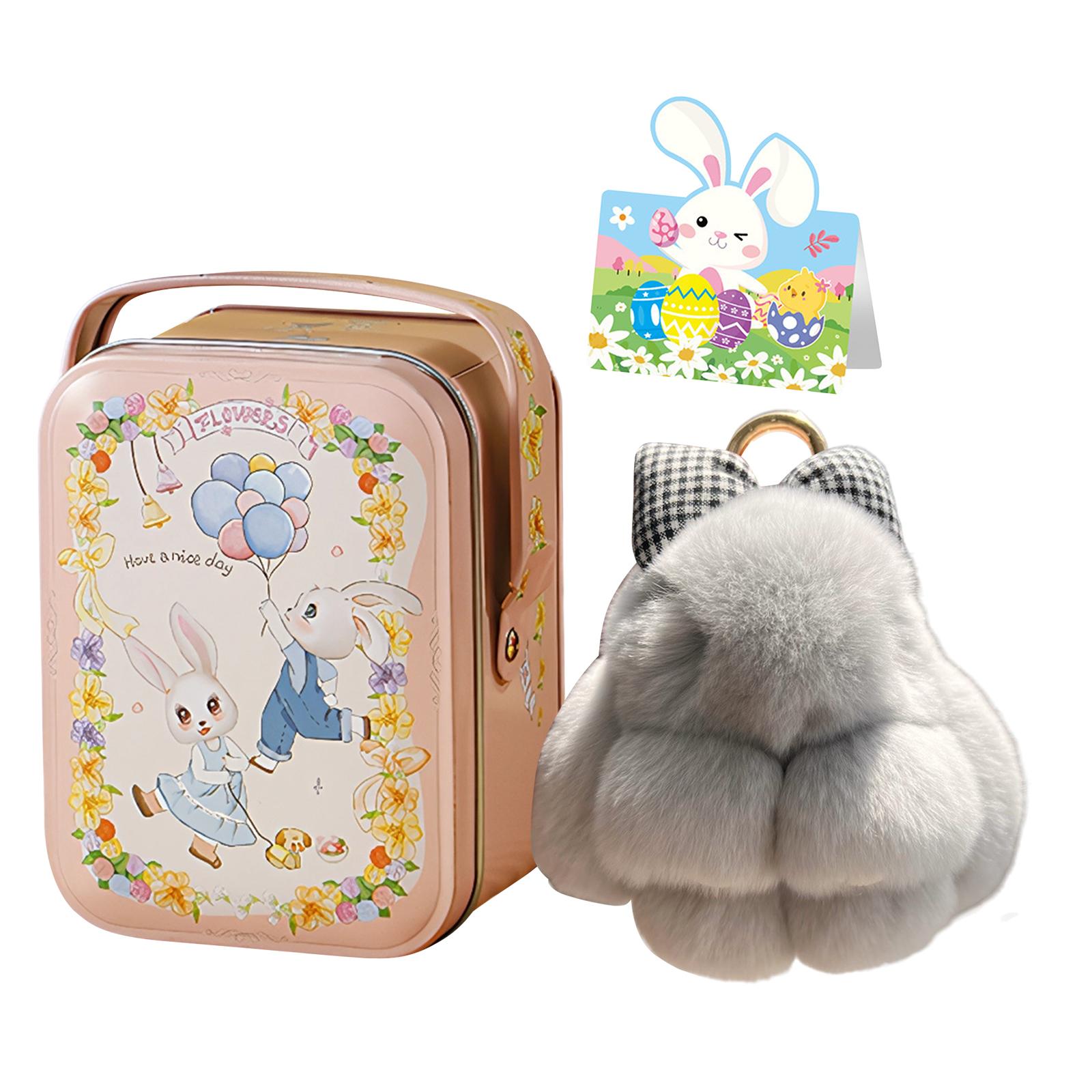 

Bunny Plush Key Chain with Tin Box & Card Soft Fuzzy Rabbit Keychain with Metal Buckle for Women Car Bags Backpacks Easter Gift светло-серый
