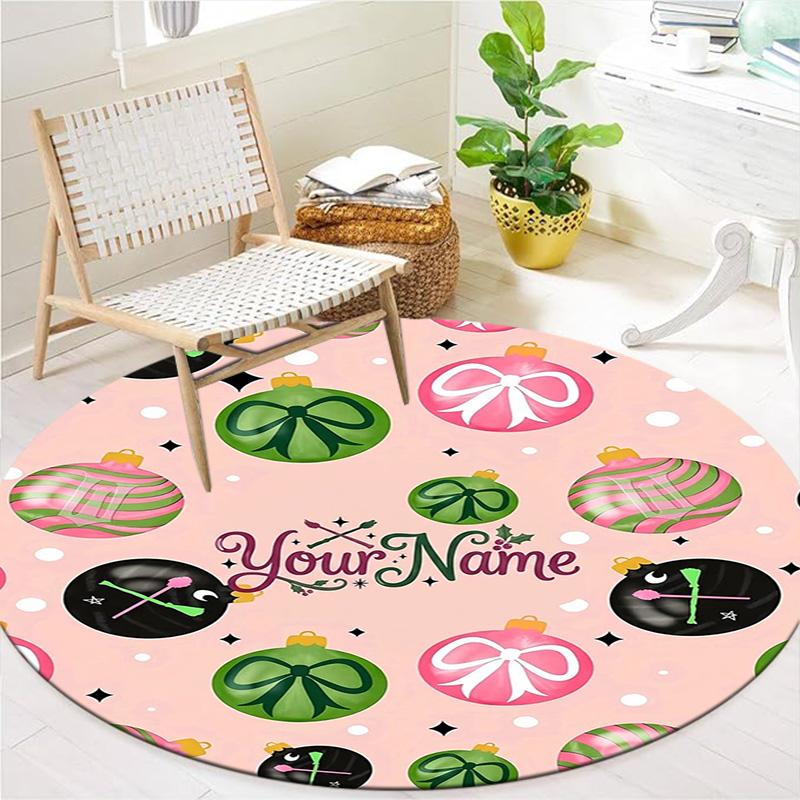 Christmas Baubles Theme Custom Name Round Area Rug Carpet Rug For Living Room Bedroom Sofa Playroom Decor Nonslip Floor Mat