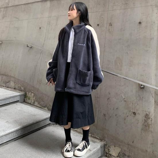 Casaco de inverno feminino, gola alta, mangas compridas, bolsos, bordado, zíper, colorblock, lã grossa, solto, esportivo, casual, uso diário, jaqueta