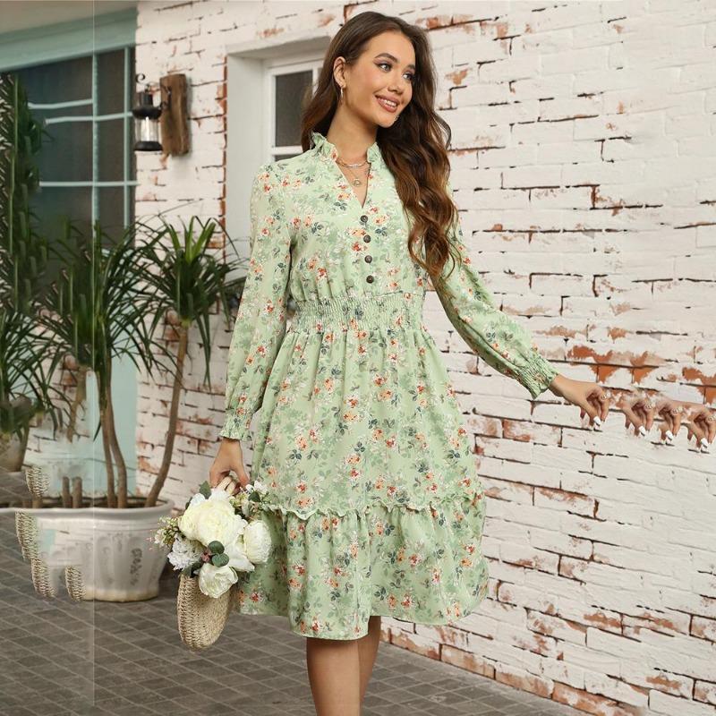 Autumn Winter Women Long Sleeve Print Elegant V-neck Casual A-Line Knee-Length High Waist Dress