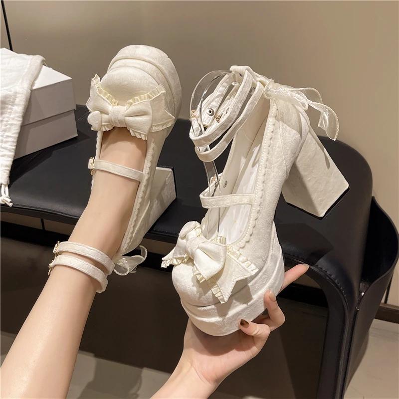 Fashion Lolita Mary's Little Shoes New Style Sweet Student High Heels Spicy Girl Single Shoes Large Size Chiffon Elegant Butterfly-knot