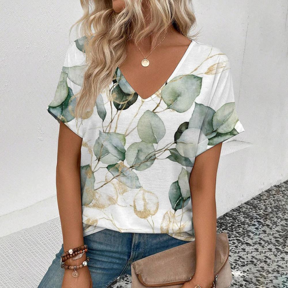 Plant Flower Print T-shirt Daily Loose Comfortable Top Personality Street Fashion Wear With The New Summer Women's V-neck Tees