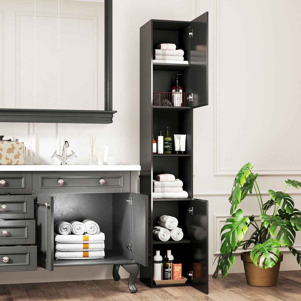 Bathroom Column Cabinet, 2 Cupboards, Adjustable Shelves, 2 Niches, 30 x 30 x 181.5 cm, Black