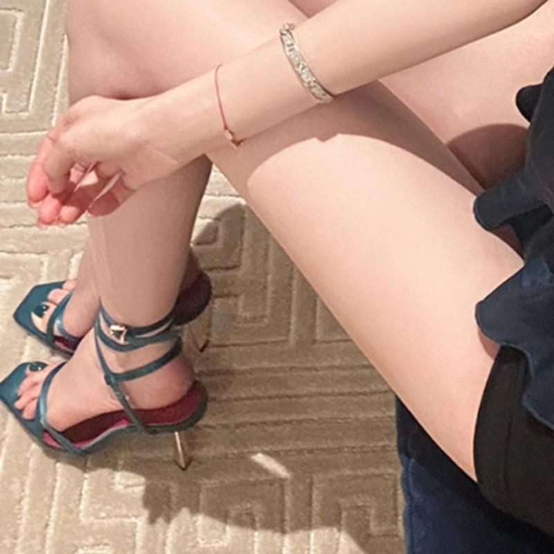 Fashion Plus Size 2025 Female Shoes Ankle-wrap Women's Sandals Summer Square Toe Thin Heels Buckle Strap Sandals for Fashion Dress Party