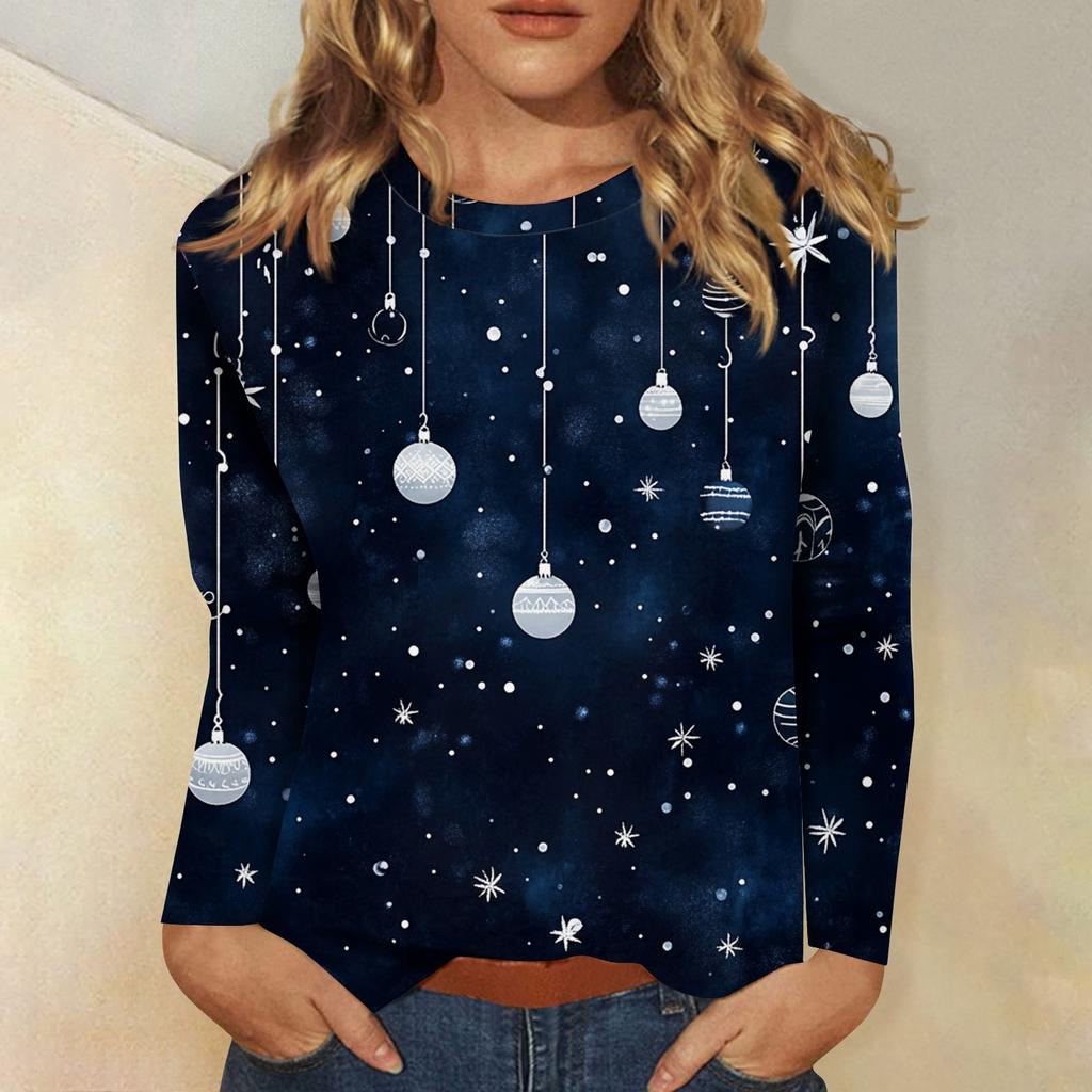 3D Christmas Snowflake Gradient Print Round Neck Long Sleeve T-shirt Casual Long Sleeve Top Party Loose Women's Top