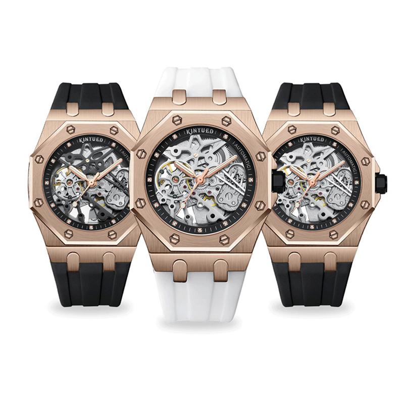 KINYUED Mode Skelett Mechanische Uhr Top Marke Luxus Herren Steampunk Transparent Hohl Automatische Uhr Relogio Masculino