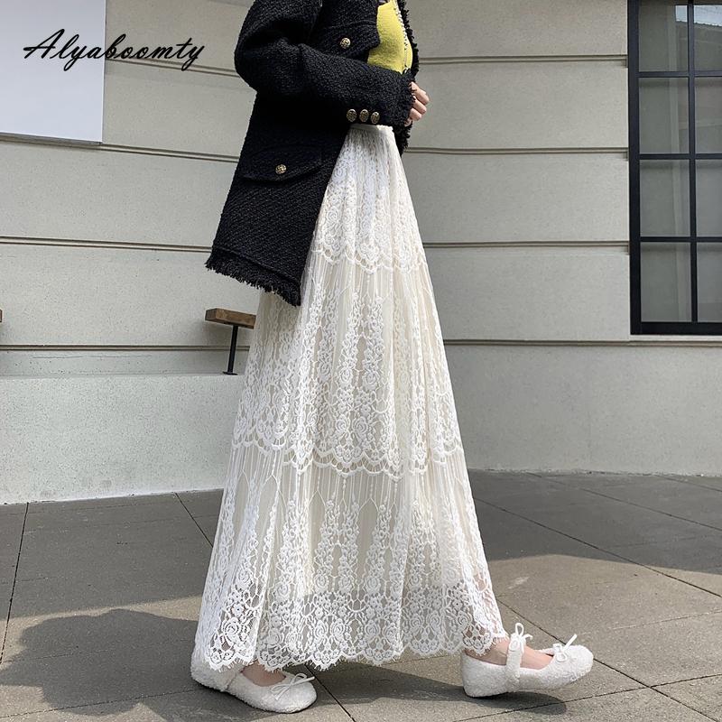 French Style Autumn Winter Women Midi Skirt High Waist Black Beige Brown Hollow Out Skirt Elegant Feminine Ladies' Skirts Womens
