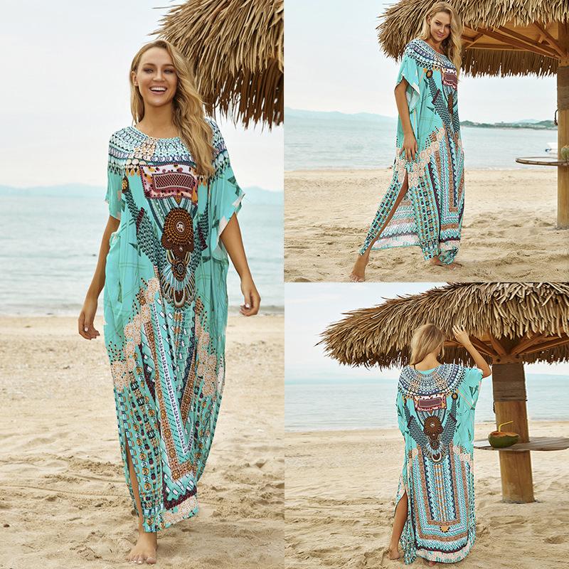 Cotton Print Loose Plus Size Dress Beach Jacket Vacation Dress Bikini Blouse Swimsuit