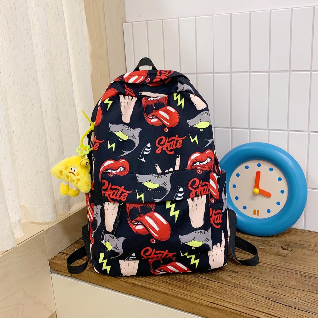 Schoolbag1011 trendy printed student backpack, quirky lip large capacity backpack, boys' and girls' middle school commuter backpack