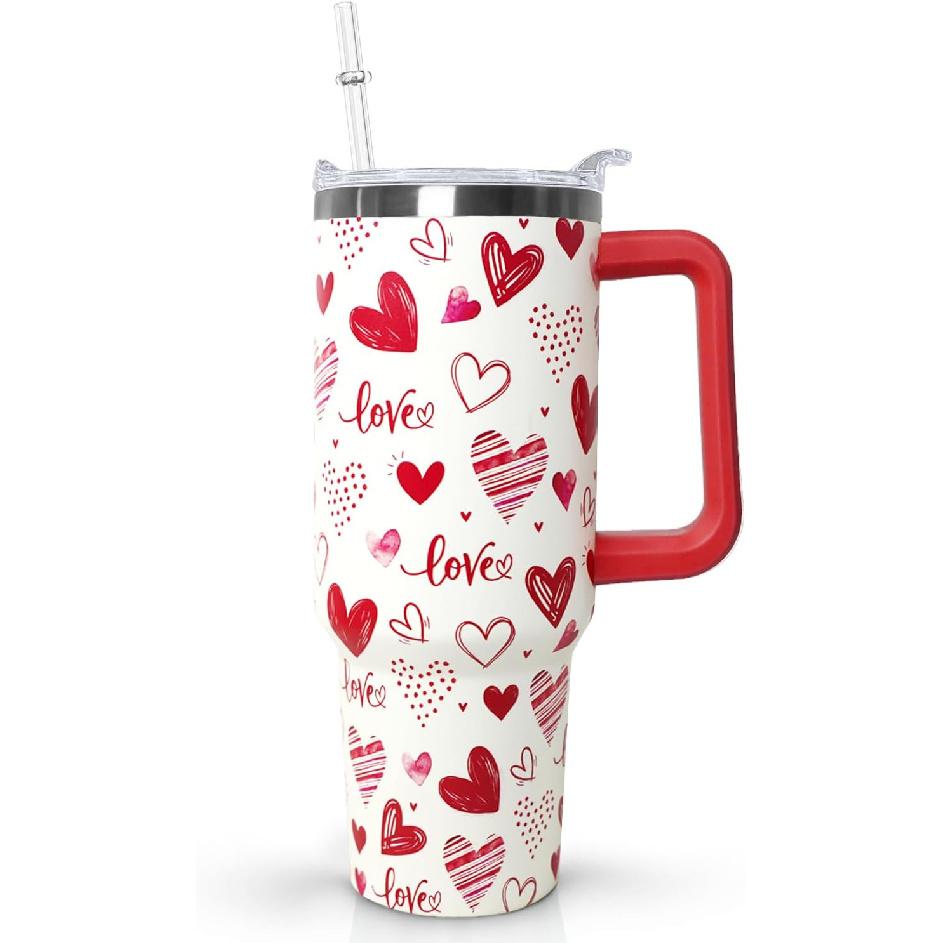 Ceovfoi Love Tumbler 40 Oz Valentine Heart Tumbler With Handle,Valentine s Day Coffee Travel Mug Cup Water Bottle,Heart Decor,Valentine s Day Gifts