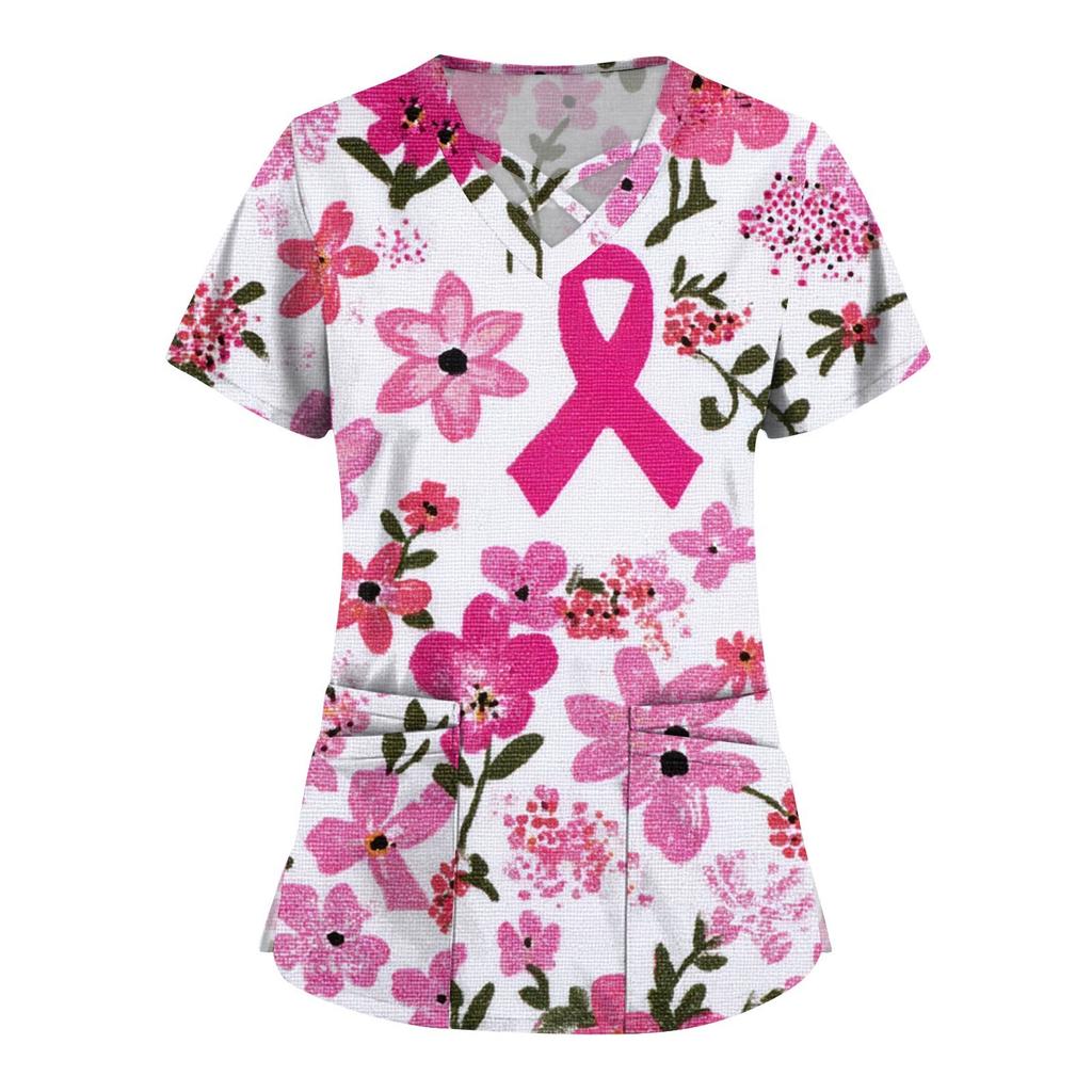 Women's Fashion  V-Neck Short Sleeve Overalls Double Layer Pocket Printed Tops  Apparel