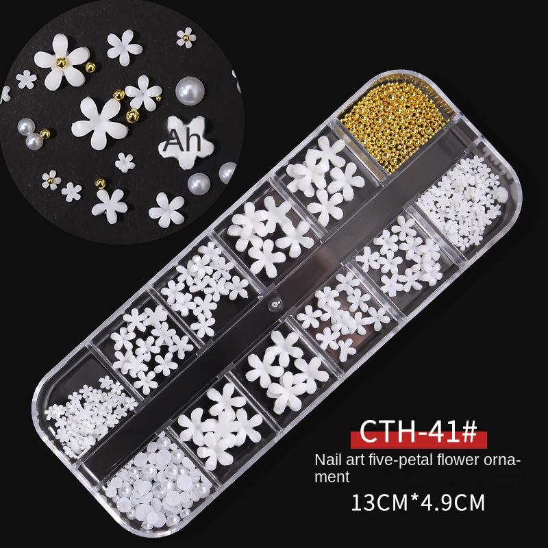 

Чистый красный 12 сеток в коробке, японский пятилепестковый цветок, стальные бусины, жемчужно-белый цветок, 3D-размер, смешанный орнамент для ногтей CTH-41 жёлтый