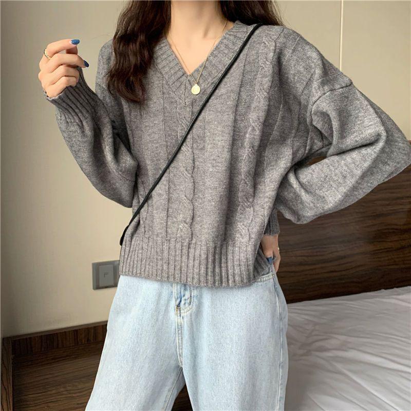 V-Neck Pullover Sweater Women's Solid Thread Woolen Long Sleeve Soft Spring Autumn Knitted Top