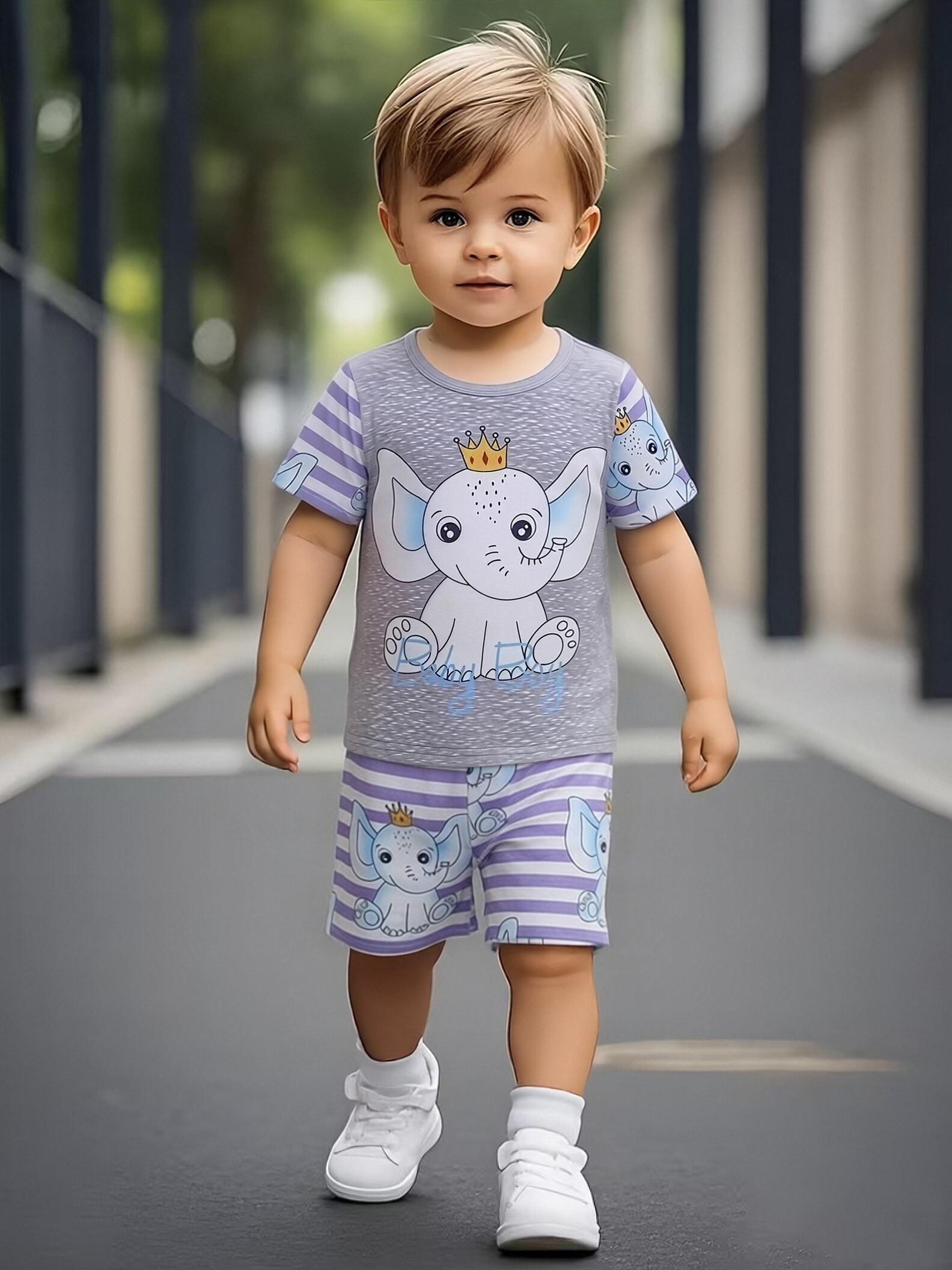 

Toddler Boys Cute Crown Elephant Print 2-Piece Outfit, Summer Purple Striped Clothes for Kids, Perfect for Playwear & Outdoor 1-2Y серый