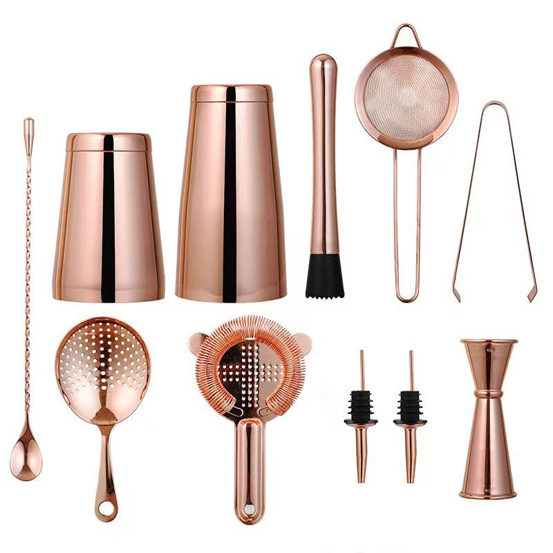 Rose Gold 11-Piece Stainless Steel Cocktail Shaker Set with Boston Shaker, Mixing Spoon, and Double-Ended Jigger