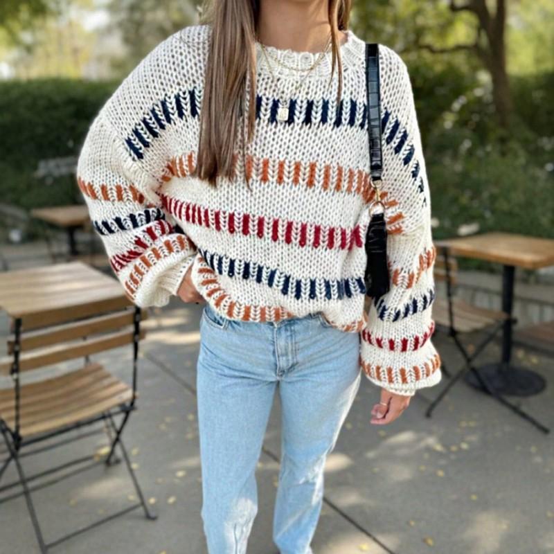 Womens Round Neck Knit Sweater Soft Versatile Color Block Casual Top Daily Wear