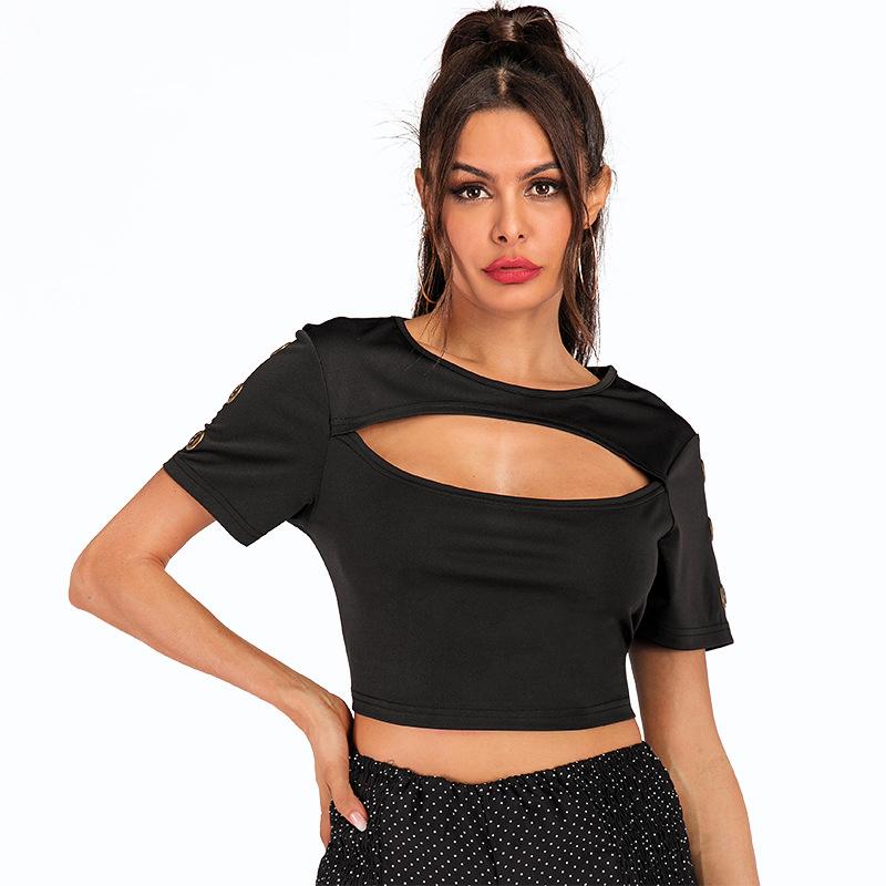 Summer Lady Sexy Hollow Crop Top Slim Elastic Black Short Sleeve T-shirt