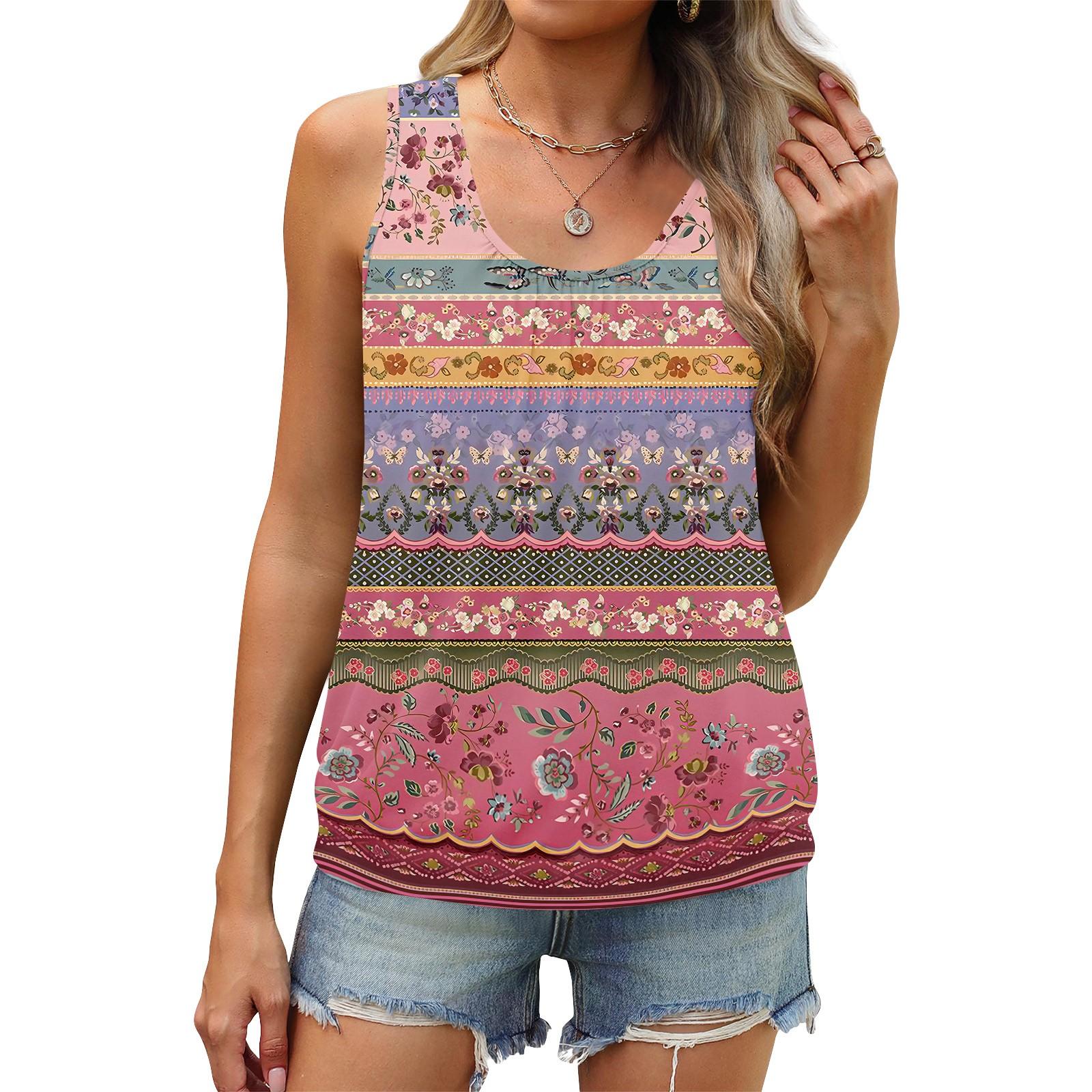 

Женский летний жилет, свободная плиссированная рубашка с круглым вырезом, повседневный топ без рукавов XL арбуз красный