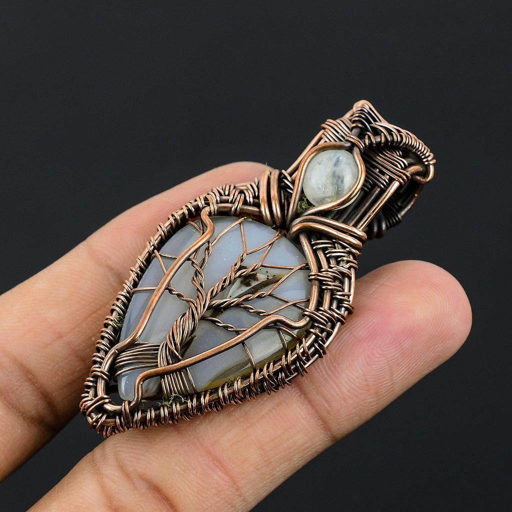 Montana Agate & Rainbow Moonstone Pendant, 999 Copper Wire Wrapped Handmade Brand New Jewelry, Gift For Him Gemstone Pendant For Women