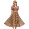 Elegant Lace Patchwork Mesh Dress - Long Pleated with Short Sleeves for Women