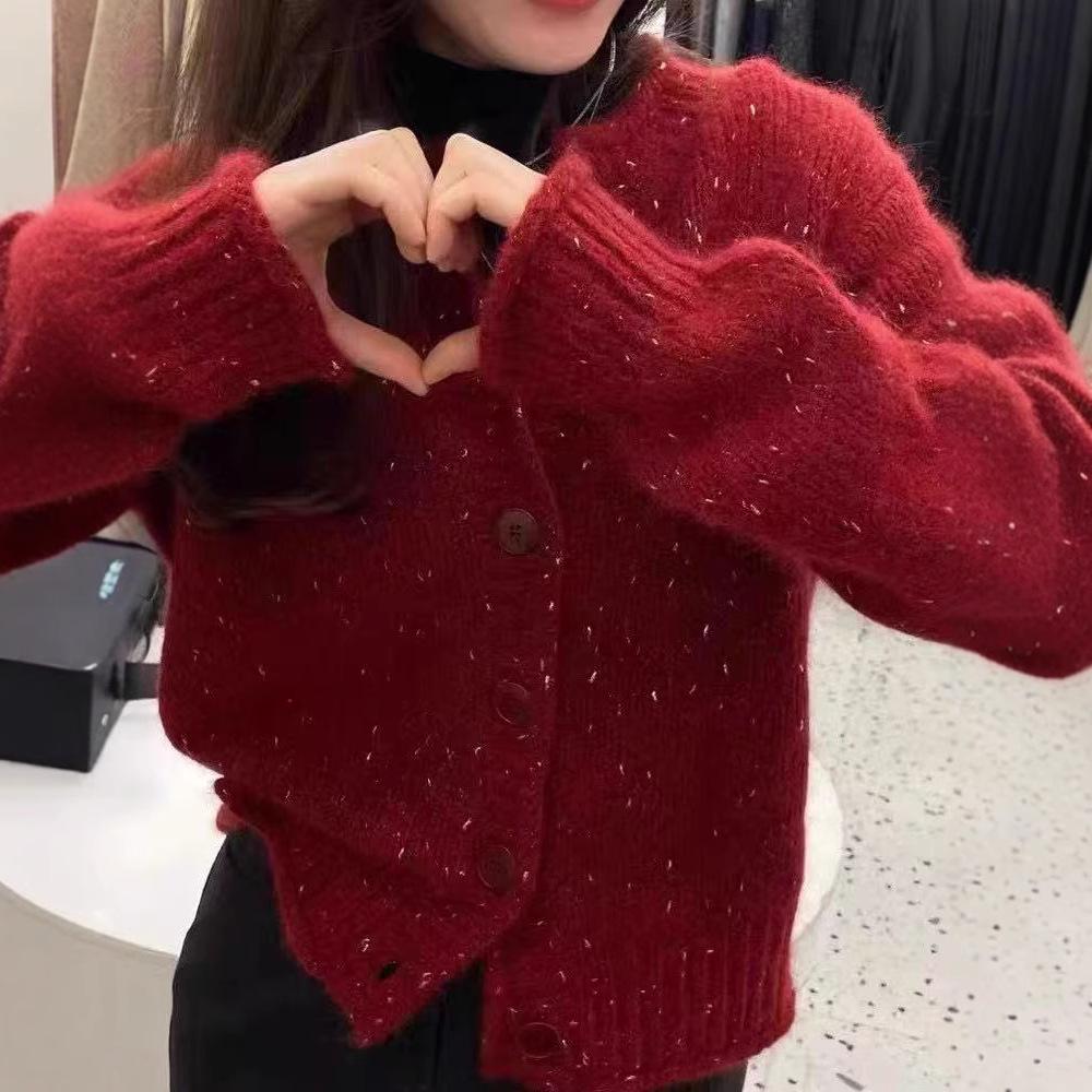 European Style Red Wool Cardigan - Women's Autumn/Winter Zodiac Knit Sweater Coat