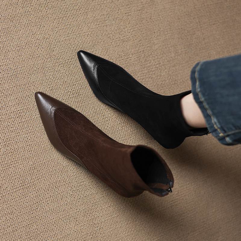 Krazing Pot Flock Pointed Toe Thin High Heels Modern Boots Size 42 Zip Patch Work Women Elastic Ankle Boots