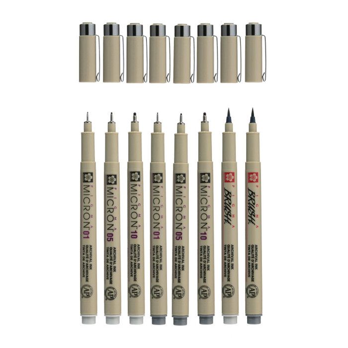 8 Felt-tip Pens - Grey - Drawing - Sketching - Manga - Several Leads - Sakura - Pigma Micron