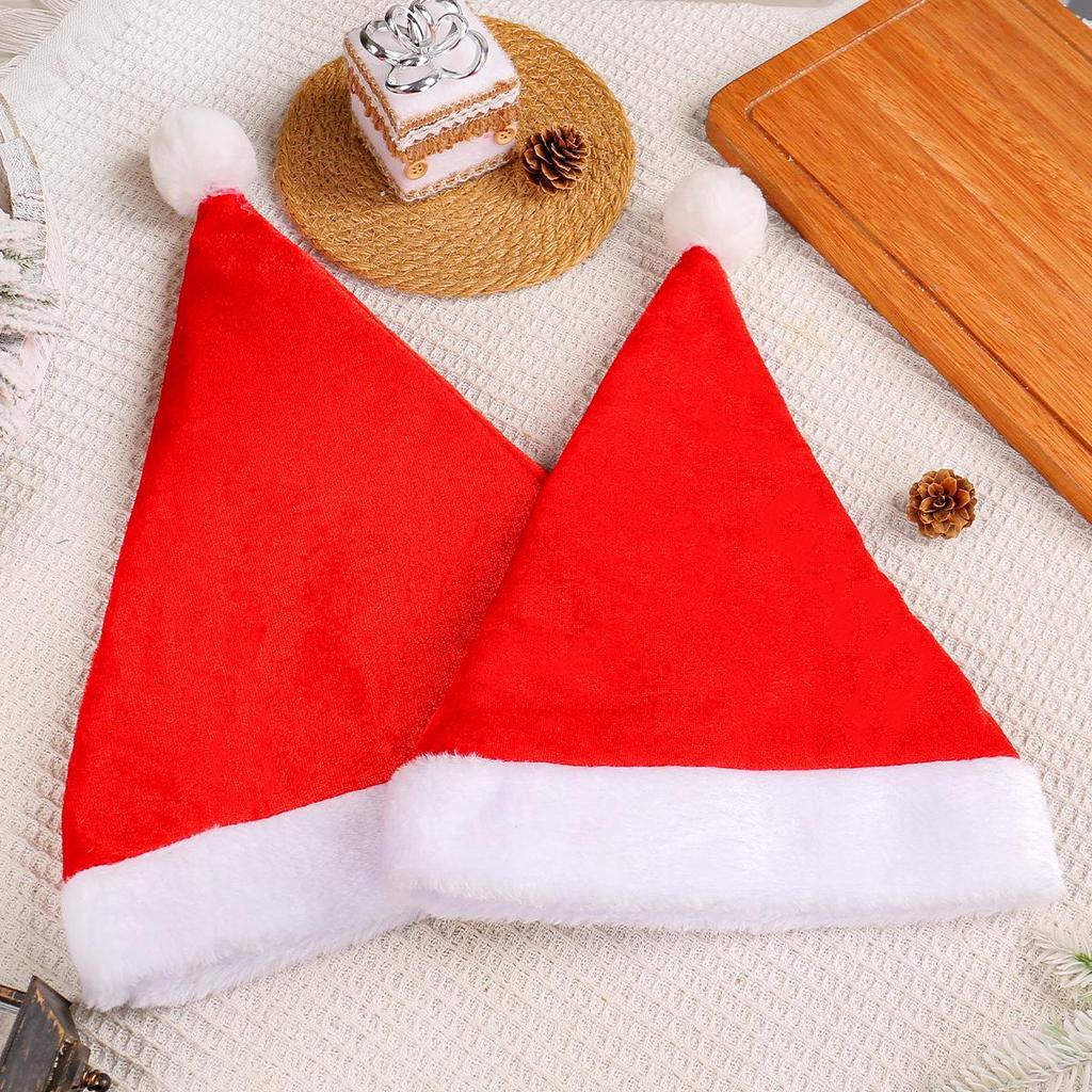 Red Santa Hat with Gold Velvet Plush Edge and Big Pom Pom for Adults and Children