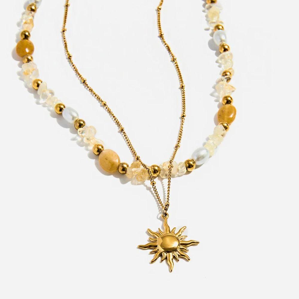 Bohemian 18K Gold Plated Necklace Stainless Steel Double Stacked Neck Chain Sun Pendant  Beach