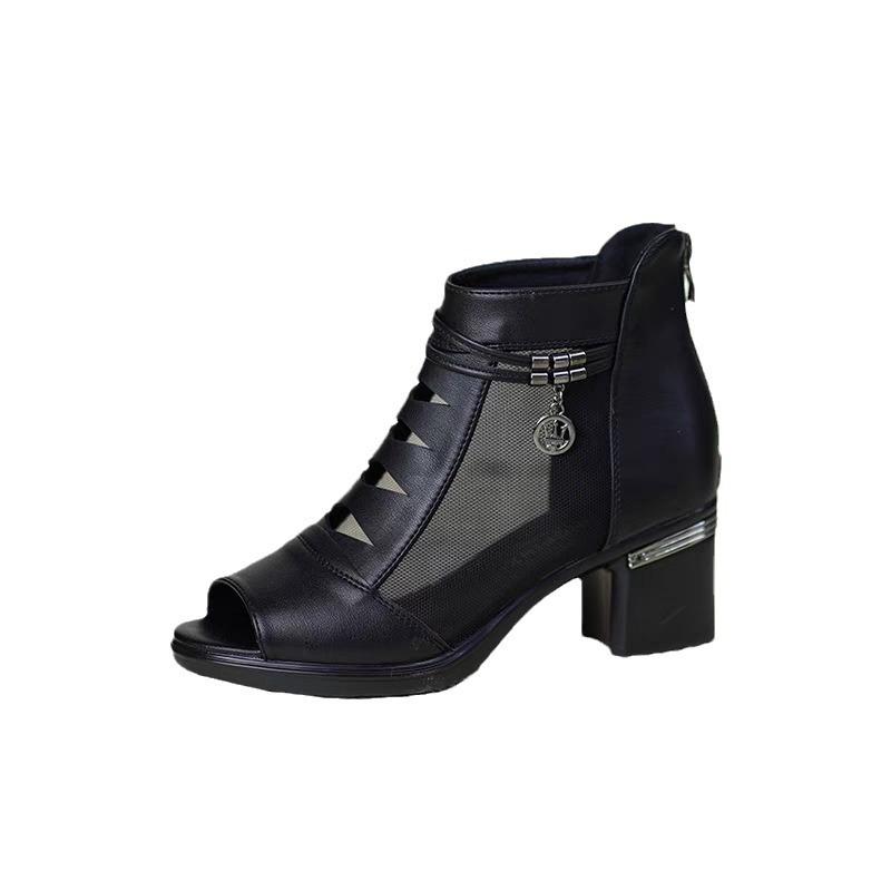 Summer New High Heels Women's Mesh Sandals Thick Heel Women's Shoes Middle Heel Cool Boots Summer Women's Sandals