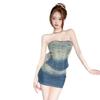 Women's clothing retro gradual change waist tube top skirt set