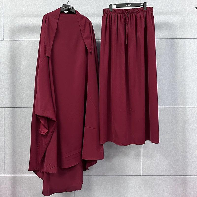 Plus Size Solid Color Dubai Dress & Skirt Set for Muslim Women - Loose Wide Hem