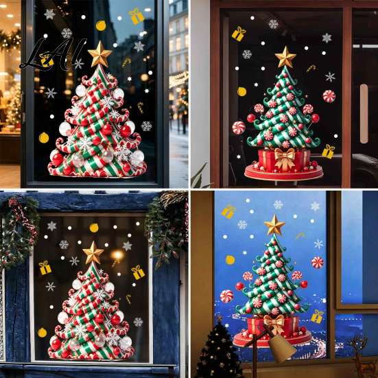 Weatherproof Balcony Stickers Christmas Tree Window Decals Candy Striped Snowflake Wall Stickers Waterproof Festive Home Decor PVC Removable