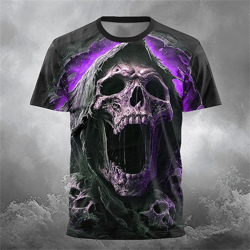 T-shirt da uomo con stampa teschio horror, estate, girocollo, manica corta, alla moda, vestibilità larga, abbigliamento streetwear vintage da uomo